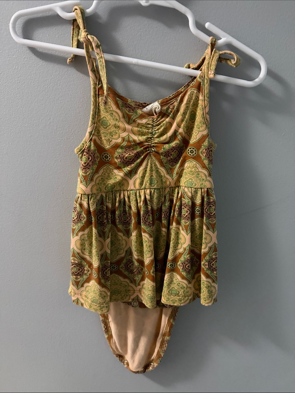 kate quinn Olive Green and Brown Printed Tie-Shoulder Peplum Bodysuit